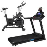A spin bike and a treadmill from HIT Fitness, featuring adjustable seat, handlebars, and a foldable design.