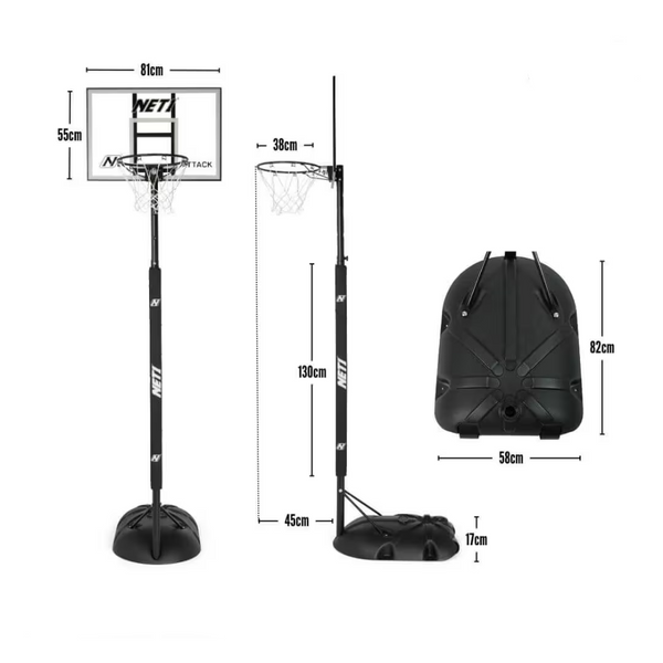 NET1 Attack Youth Portable Basketball Hoop with polycarbonate backboard, adjustable height pole, solid steel rim, and wheeled base for easy transport.
