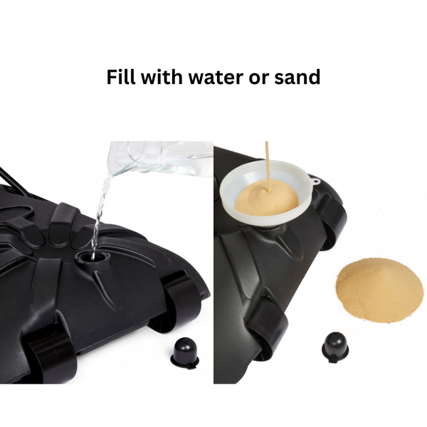 NET1 Attack Base being filled with water and sand for stability, shown with close-up images and text "Fill with water or sand." Ideal for umbrellas, basketball hoops, or outdoor stands.