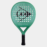 A green Dunlop Megamax padel racket with a honeycomb surface and black logo.