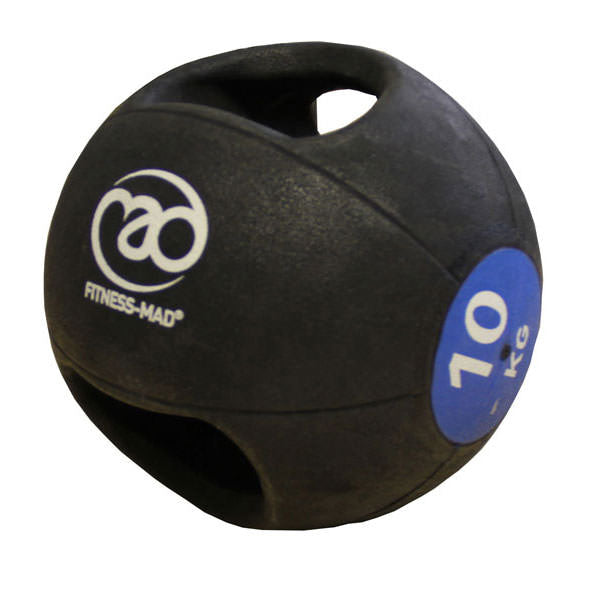 Black two-handle medicine ball with 'Fitness-Mad' logo and '10 kg' label on a white background