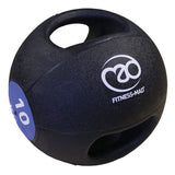Black dual-handle medicine ball with 'Fitness-Mad' branding on a white background