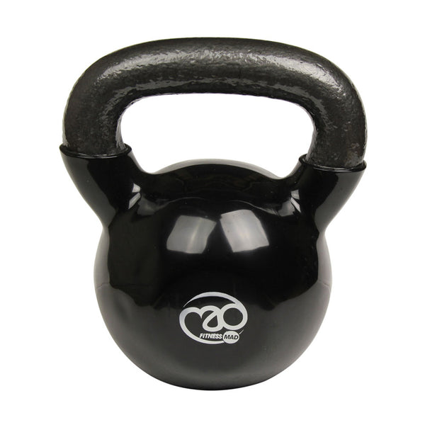 Black kettlebell with a visible brand logo on a white background
