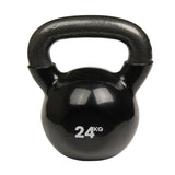 Black kettlebell with '24 KG' marking on a white background