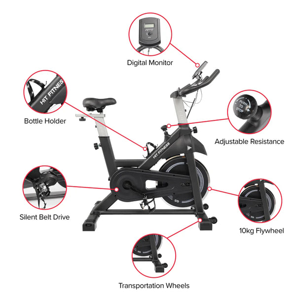 Features of the HIT Fitness G5 spin bike: digital monitor, bottle holder, adjustable resistance, silent belt drive, 10kg flywheel, and transportation wheels.