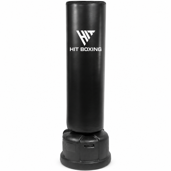 A black freestanding heavy punching bag with a white HIT BOXING logo printed on the front, set against a plain white background.
