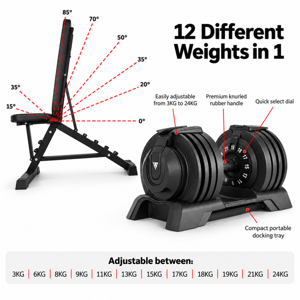 Hit Fitness 24kg Adjustable Dumbbells & Weight Bench