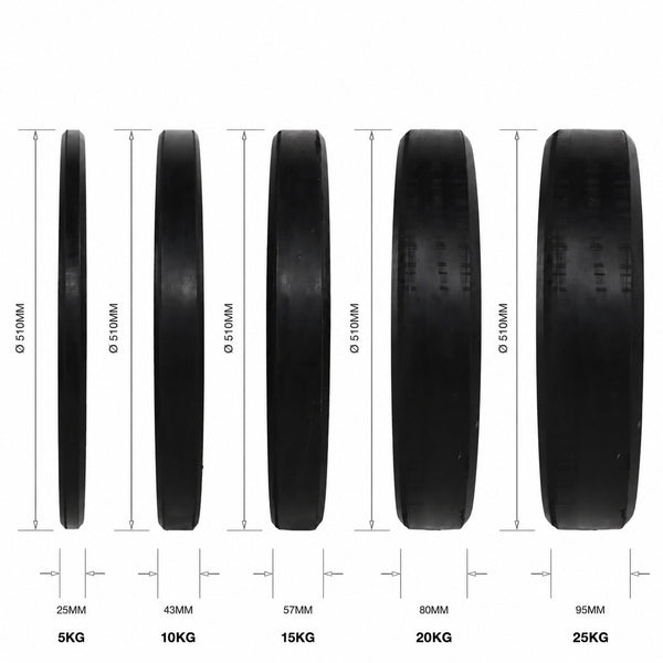Set of black weight plates with measurements on a white background