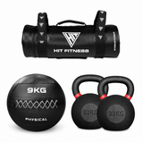 Hit Fitness HYROX training set with black strength bag and 9kg wall ball alongside two 32kg kettlebells