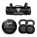 Hit Fitness HYROX training set with black strength bag and 9kg wall ball alongside two 32kg kettlebells