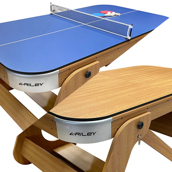 Two Riley ping pong tables, one with a blue playing surface and the other with a wooden surface.