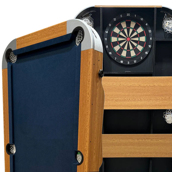Multi-game table with pool, air hockey, and dartboard