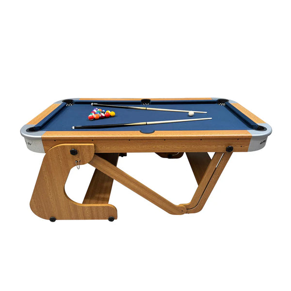 Pool table with blue felt surface and wooden legs on a white background