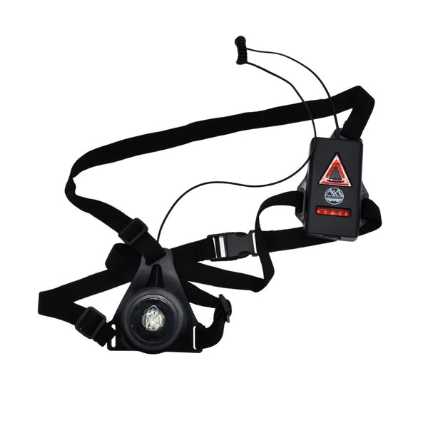 Six Peaks Running LED Chest Lamp with front light and rear red lights, showing the full chest harness and adjustable straps.