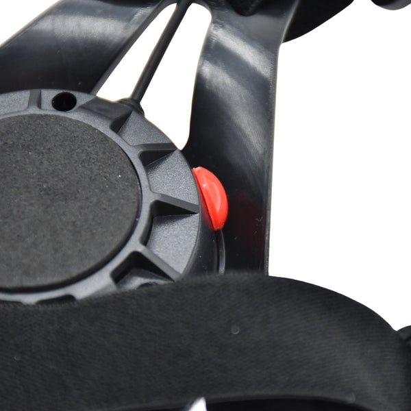 Close-up of the red power button on the front light section of the Six Peaks Running LED Chest Lamp.