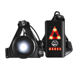Six Peaks Running LED Chest Lamp with front light and rear red lights, showing the front and back views on a black strap.