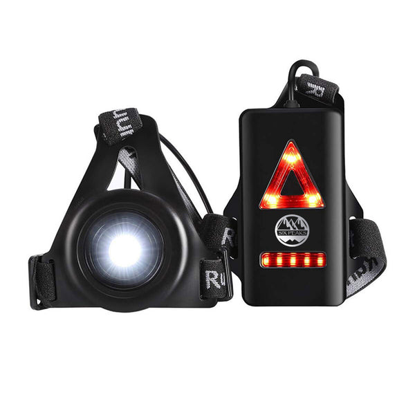 Six Peaks Running LED Chest Lamp with front light and rear red lights, showing the front and back views on a black strap.