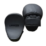 Urban Fight Focus Mitts in black, showing the front and back view in a plain white background 