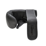 A single black Urban Fight punch bag mitt shown from the side with the palm open and the velcro strap extended, on a white background.