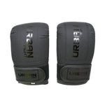 Front view of a pair of black Urban Fight punch bag mitts with a matte finish and velcro straps, on a white background.