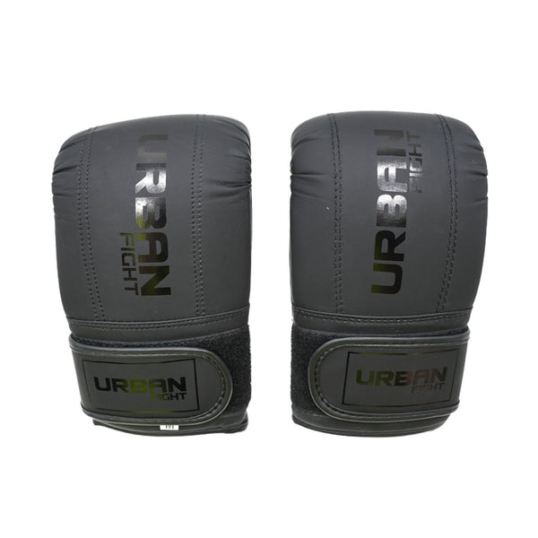Front view of a pair of black Urban Fight punch bag mitts with a matte finish and velcro straps, on a white background.
