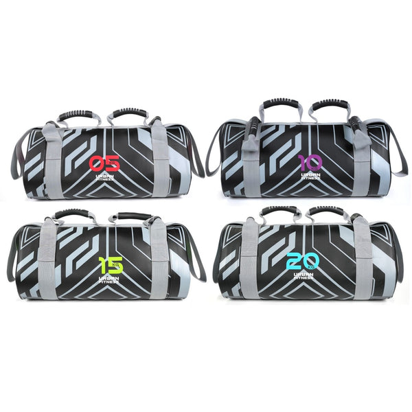 Urban Fitness Power Bags in 5kg, 10kg, 15kg, and 20kg sizes, with ergonomic handles and straps, set against a plain white background.