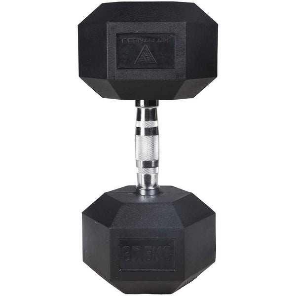 Black Hit Fitness Rubber Hex Dumbbell 37.5kg with a Silver chrome cast handle